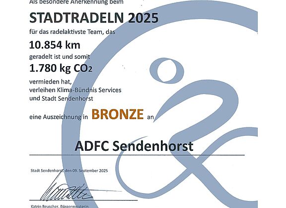 Urkunde in Bronze für den ADFC Sendenhorst