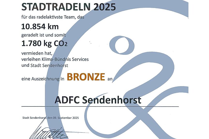 Stadtradeln 2025 Urkunde in Bronze für den ADFC Sendenhorst